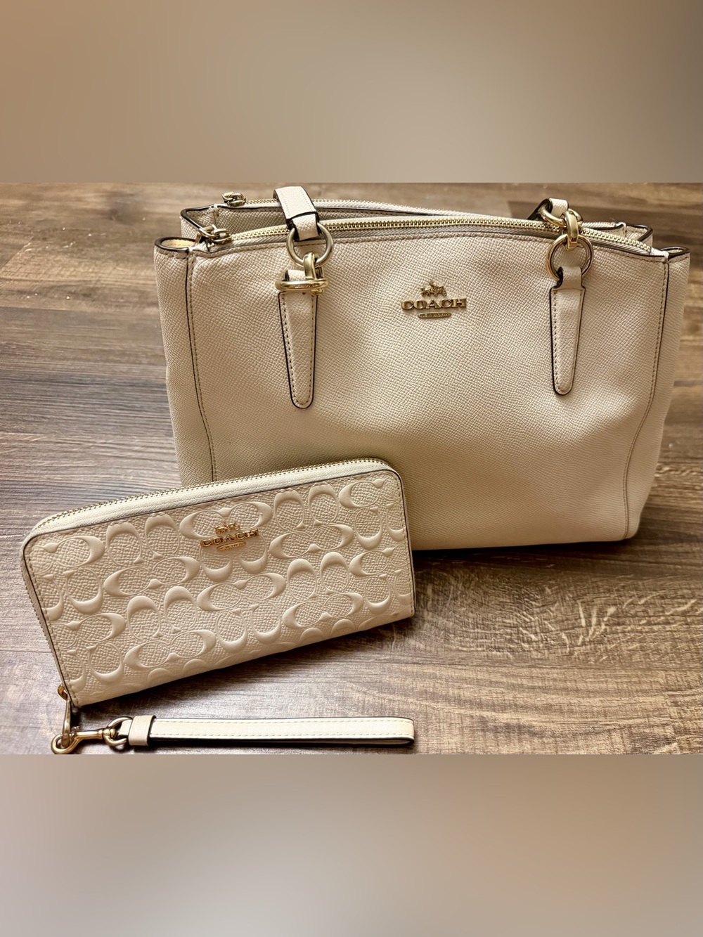 Coach Christie F57520 Chalk Crossgrain Leather Carryall Bag + Wallet Set